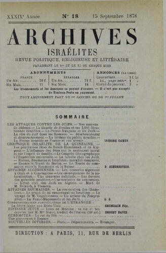 Archives israélites de France. Vol.39 N°18 (15 sept. 1878)